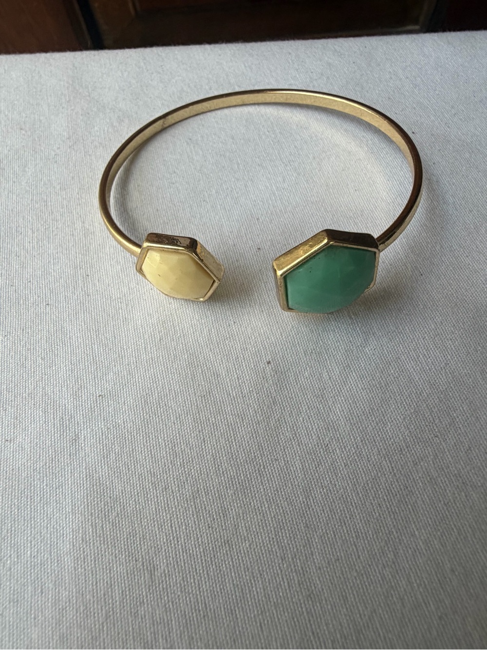 Kensie Gold Tone Faceted Stone Hexagon Open Cuff Bracelet Green Ivory